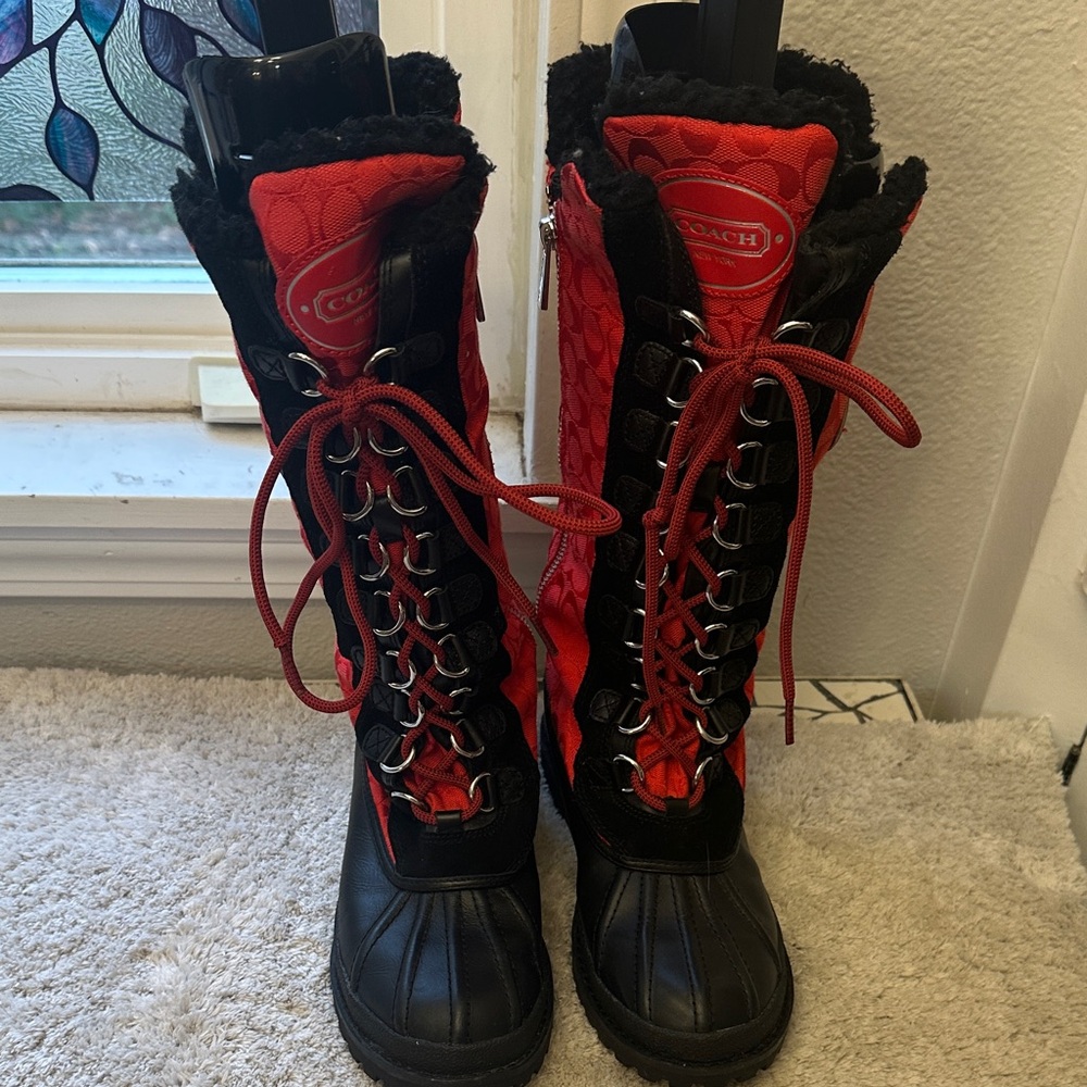 Coach Red and Black Women's Winter Lace-Up Boots